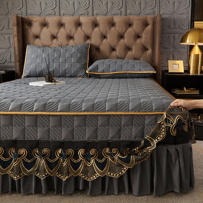 91家纺网 家纺一手货源 找家纺 锦逸家居 2024新款加厚磨毛轻奢夹棉床裙床笠三件套系列 佳人-高级灰