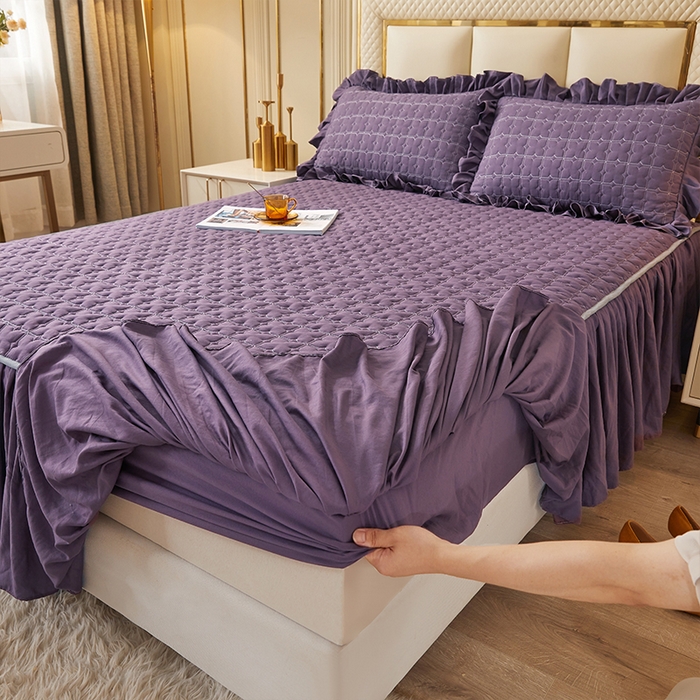 91家纺网 家纺一手货源 找家纺 锦逸家居 2024新款可拆卸包边夹棉磨毛花边两用床裙床笠两用-优雅 优雅-梦幻紫