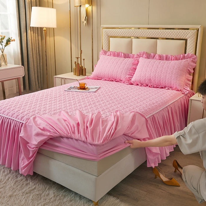 91家纺网 家纺一手货源 找家纺 锦逸家居 2024新款可拆卸包边夹棉磨毛花边两用床裙床笠两用-优雅 优雅-樱花粉