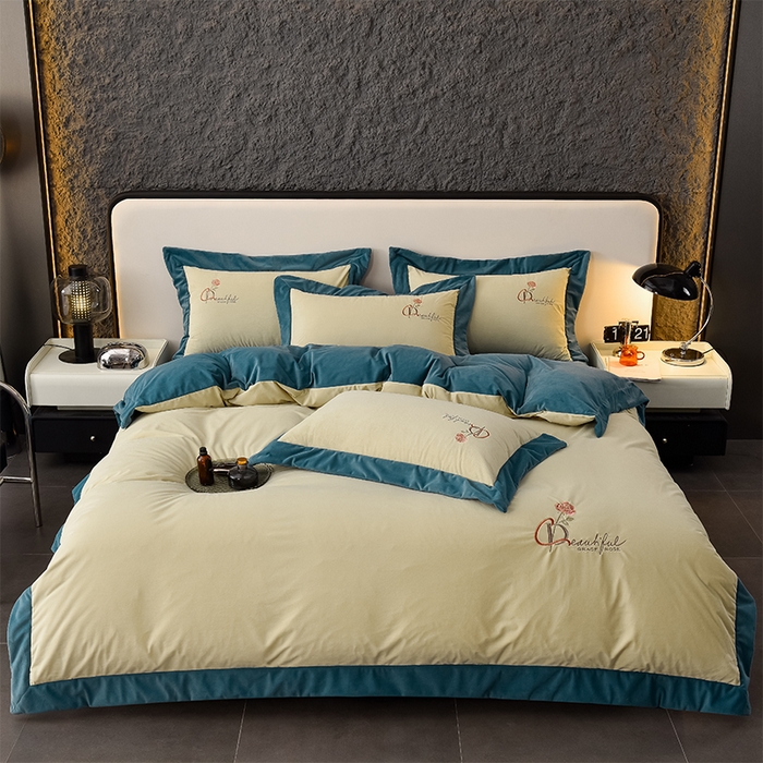 91家纺网 家纺一手货源 找家纺 2024新款加厚保暖A类婴儿绒四件套-朵拉系列 朵拉-牛油果绿+深湖绿