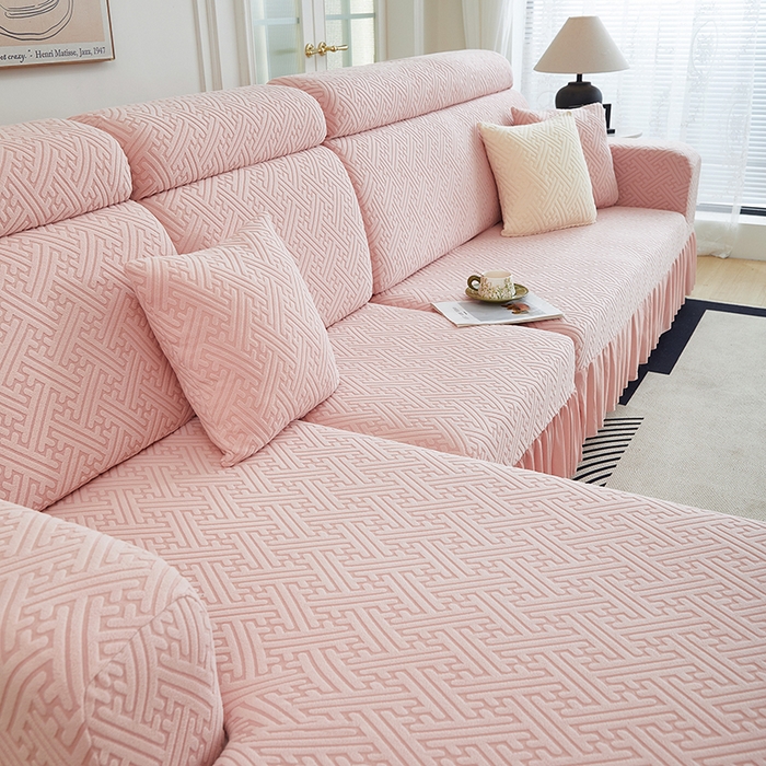 91家纺网 家纺一手货源 找家纺 2024新款加厚高弹拉花绒全包防尘沙发套罩-清韵系列 藕粉