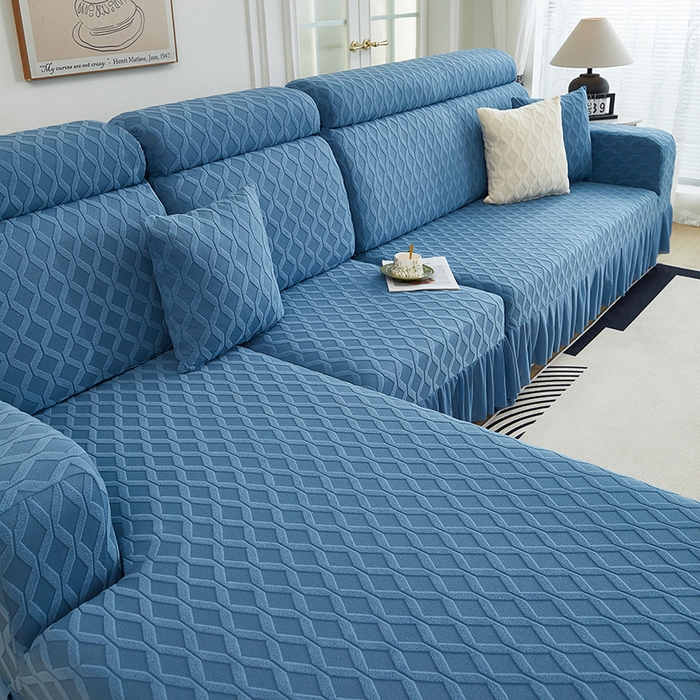 91家纺网 家纺一手货源 找家纺 2024新款加厚高弹拉花绒全包防尘沙发套罩-菱形格系列 水蓝