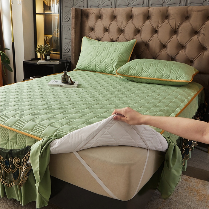 91家纺网 家纺一手货源 找家纺 锦逸家居 2024新款加厚磨毛轻奢夹棉床裙床笠三件套系列 佳人-抹茶绿