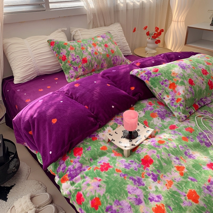 91家纺网 家纺一手货源 找家纺 莱豫家纺 2024新款牛奶绒印花四件套 绿野仙踪紫