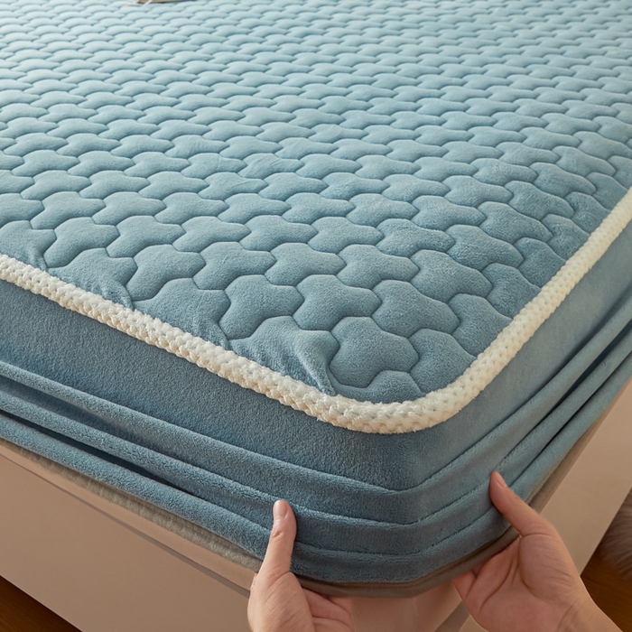 91家纺网 家纺一手货源 找家纺 雪云美 2024冬季新款加厚牛奶绒夹棉床笠三件套A类大豆床垫保护套纯色 牛奶绒-- 兰灰