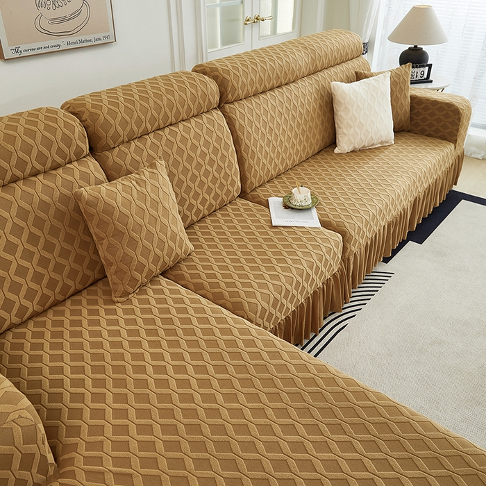 91家纺网 家纺一手货源 找家纺 2024新款加厚高弹拉花绒全包防尘沙发套罩-菱形格系列 咖色