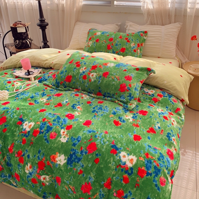 91家纺网 家纺一手货源 找家纺 莱豫家纺 2024新款牛奶绒印花四件套 绿野仙踪绿