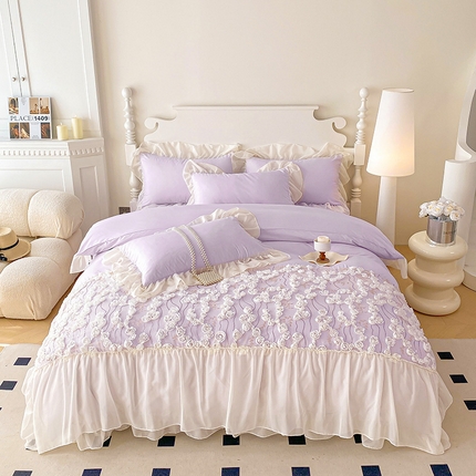 91家纺网 家纺一手货源 找家纺 艺玲家纺 2024新款A类糯小棉立体绣花雪纺花边四件套-玫瑰故事 玫瑰故事紫