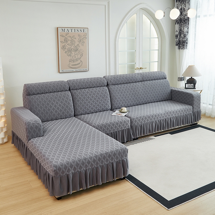 91家纺网 家纺一手货源 找家纺 2024新款加厚高弹拉花绒全包防尘沙发套罩-菱形格系列 深灰