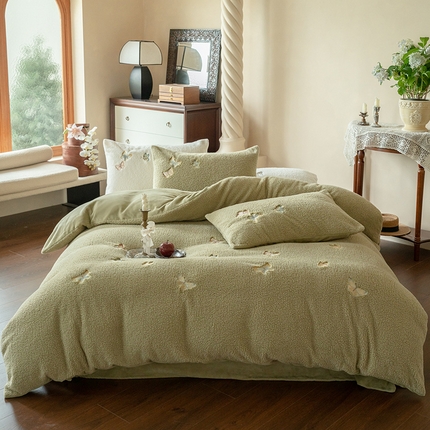 FORTWO家纺 2024新款240g双面绵羊绒&泰迪绒绣花四件套 诺言绿