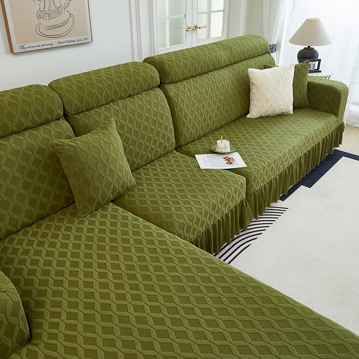 91家纺网 家纺一手货源 找家纺 2024新款加厚高弹拉花绒全包防尘沙发套罩-菱形格系列 橄榄绿
