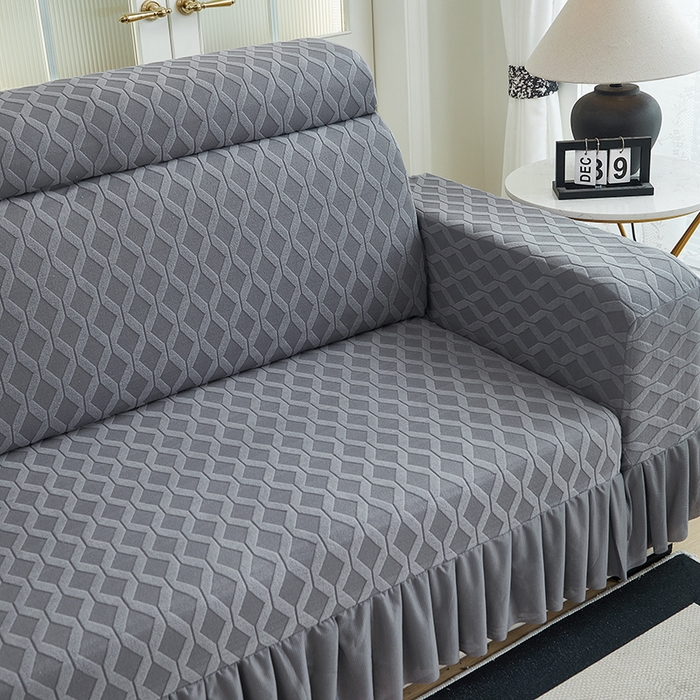 91家纺网 家纺一手货源 找家纺 2024新款加厚高弹拉花绒全包防尘沙发套罩-菱形格系列 深灰