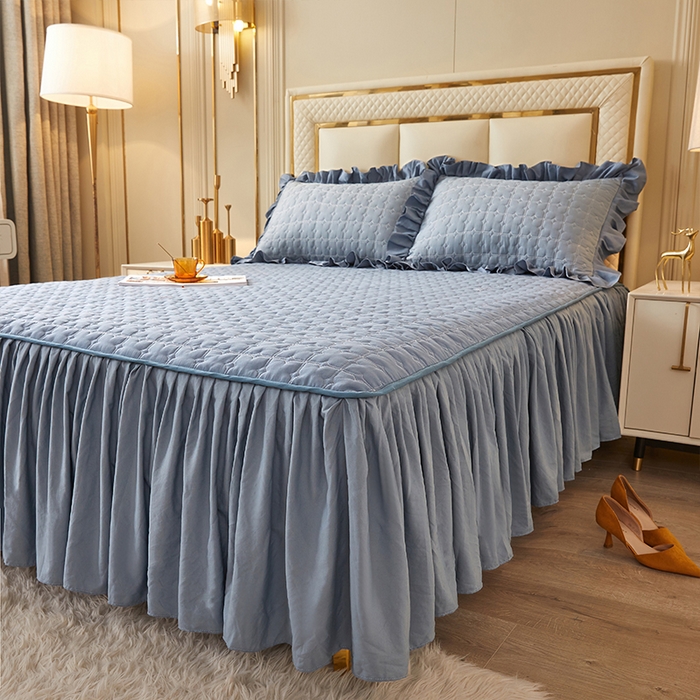 91家纺网 家纺一手货源 找家纺 锦逸家居 2024新款可拆卸包边夹棉磨毛花边两用床裙床笠两用-优雅 优雅-蓝灰