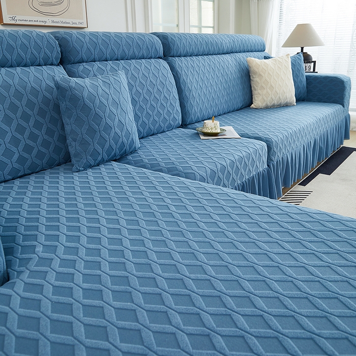 91家纺网 家纺一手货源 找家纺 2024新款加厚高弹拉花绒全包防尘沙发套罩-菱形格系列 水蓝