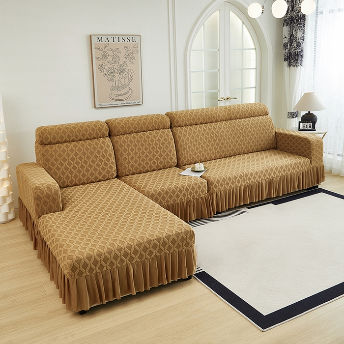 91家纺网 家纺一手货源 找家纺 2024新款加厚高弹拉花绒全包防尘沙发套罩-菱形格系列 咖色