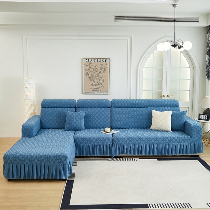 91家纺网 家纺一手货源 找家纺 2024新款加厚高弹拉花绒全包防尘沙发套罩-菱形格系列 水蓝