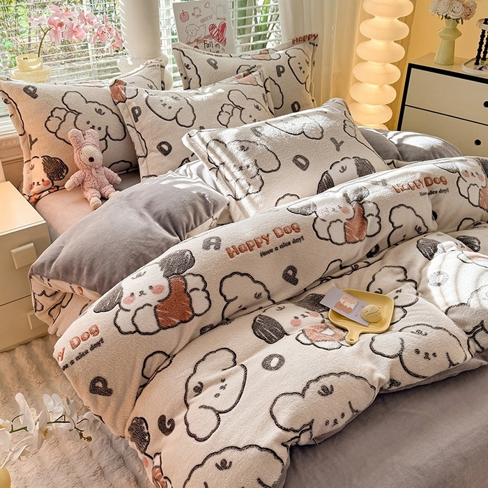 91家纺网 家纺一手货源 找家纺 妖妖家纺 2024新款加厚雪花绒印花单品三件套四件套 软萌狗狗