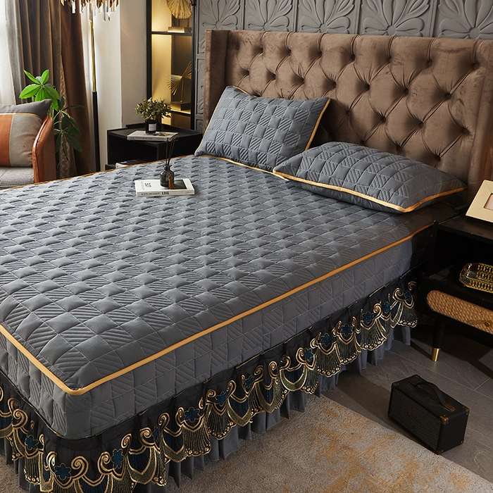 91家纺网 家纺一手货源 找家纺 锦逸家居 2024新款加厚磨毛轻奢夹棉床裙床笠三件套系列 佳人-高级灰