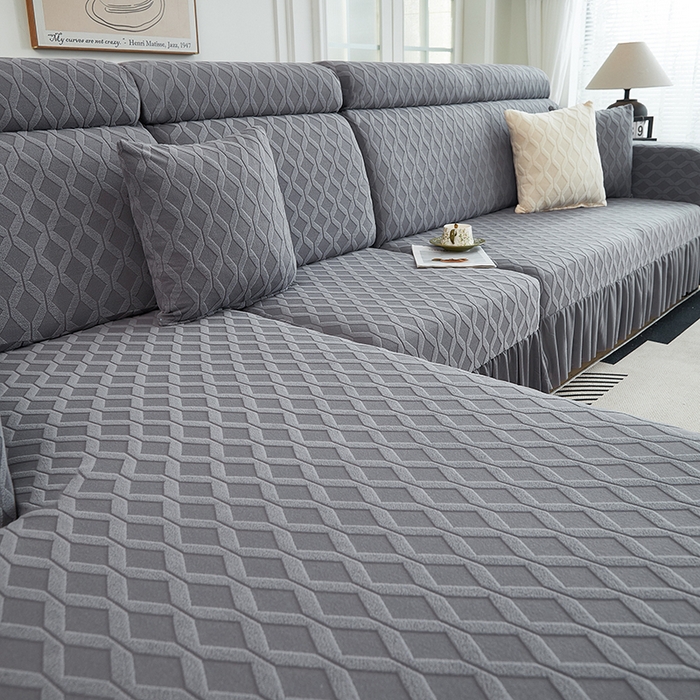91家纺网 家纺一手货源 找家纺 2024新款加厚高弹拉花绒全包防尘沙发套罩-菱形格系列 深灰