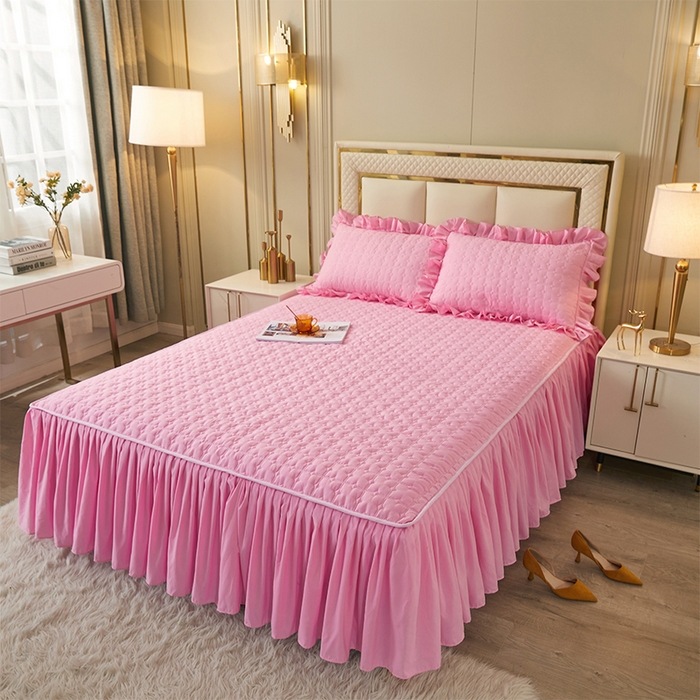 91家纺网 家纺一手货源 找家纺 锦逸家居 2024新款可拆卸包边夹棉磨毛花边两用床裙床笠两用-优雅 优雅-樱花粉