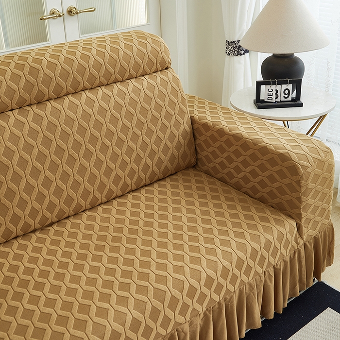 91家纺网 家纺一手货源 找家纺 2024新款加厚高弹拉花绒全包防尘沙发套罩-菱形格系列 咖色