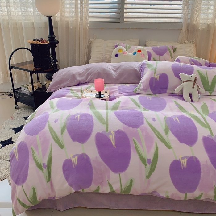 91家纺网 家纺一手货源 找家纺 莱豫家纺 2024新款牛奶绒印花四件套 郁金香紫