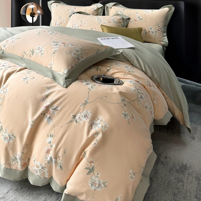 91家纺网 家纺一手货源 找家纺 朵希曼 2026新款全棉大宽边拼角磨毛四件套 朵缇桔