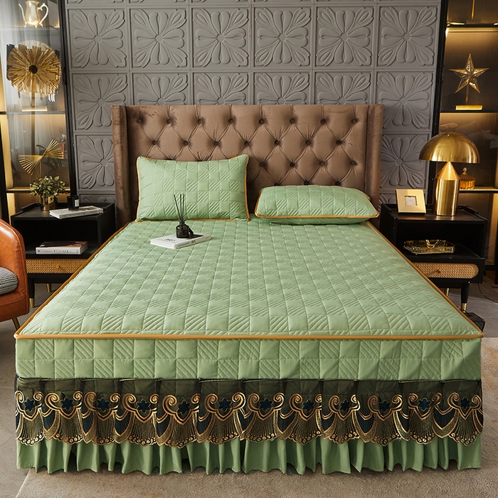 91家纺网 家纺一手货源 找家纺 锦逸家居 2024新款加厚磨毛轻奢夹棉床裙床笠三件套系列 佳人-抹茶绿