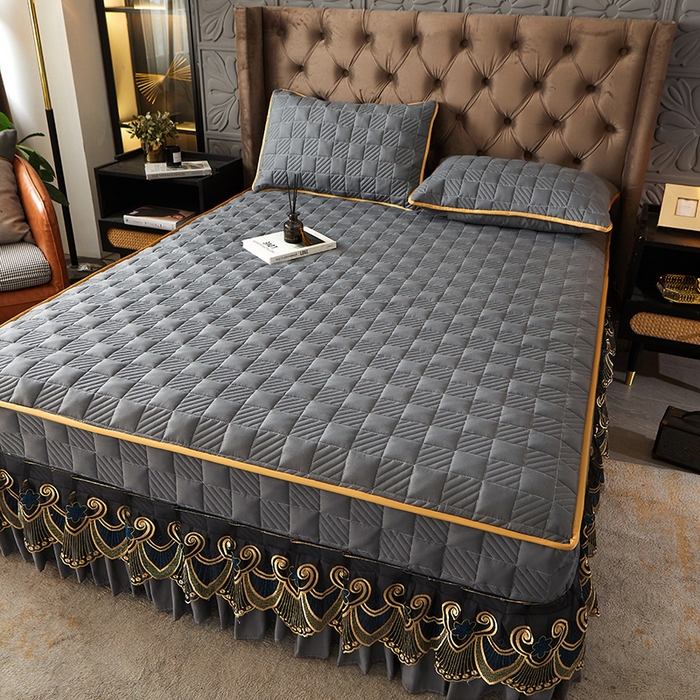 91家纺网 家纺一手货源 找家纺 锦逸家居 2024新款加厚磨毛轻奢夹棉床裙床笠三件套系列 佳人-高级灰