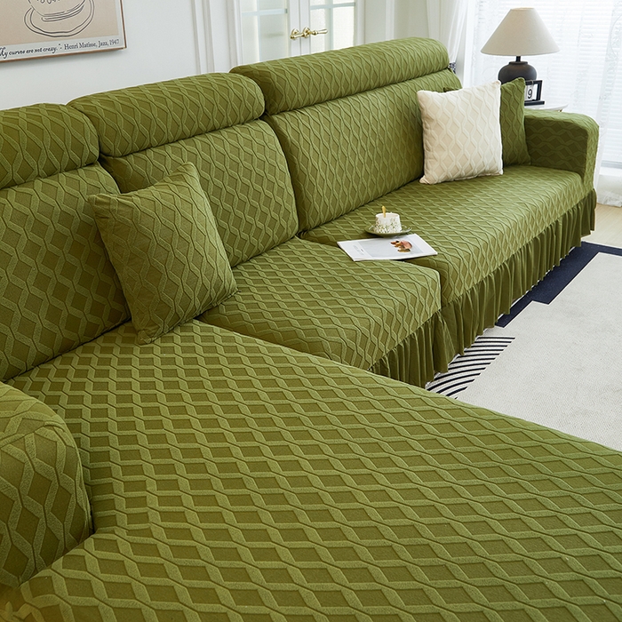 91家纺网 家纺一手货源 找家纺 2024新款加厚高弹拉花绒全包防尘沙发套罩-菱形格系列 橄榄绿