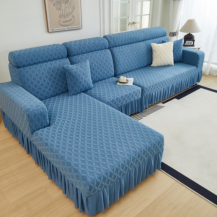 91家纺网 家纺一手货源 找家纺 2024新款加厚高弹拉花绒全包防尘沙发套罩-菱形格系列 水蓝