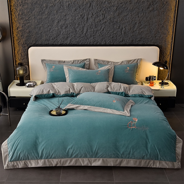 91家纺网 家纺一手货源 找家纺 2024新款加厚保暖A类婴儿绒四件套-朵拉系列 朵拉-马尔斯绿+星空灰