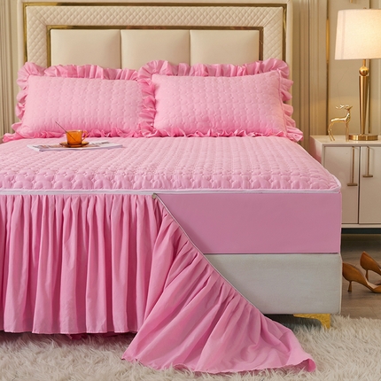 锦逸家居 2024新款可拆卸包边夹棉磨毛花边两用床裙床笠两用-优雅 优雅-樱花粉