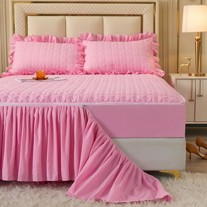 91家纺网 家纺一手货源 找家纺 锦逸家居 2024新款可拆卸包边夹棉磨毛花边两用床裙床笠两用-优雅 优雅-樱花粉