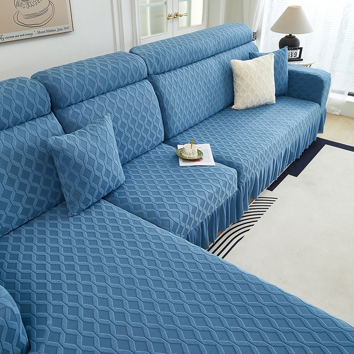91家纺网 家纺一手货源 找家纺 2024新款加厚高弹拉花绒全包防尘沙发套罩-菱形格系列 水蓝