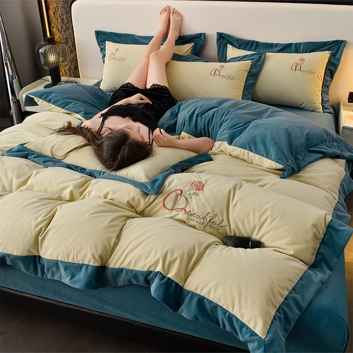 91家纺网 家纺一手货源 找家纺 2024新款加厚保暖A类婴儿绒四件套-朵拉系列 朵拉-牛油果绿+深湖绿