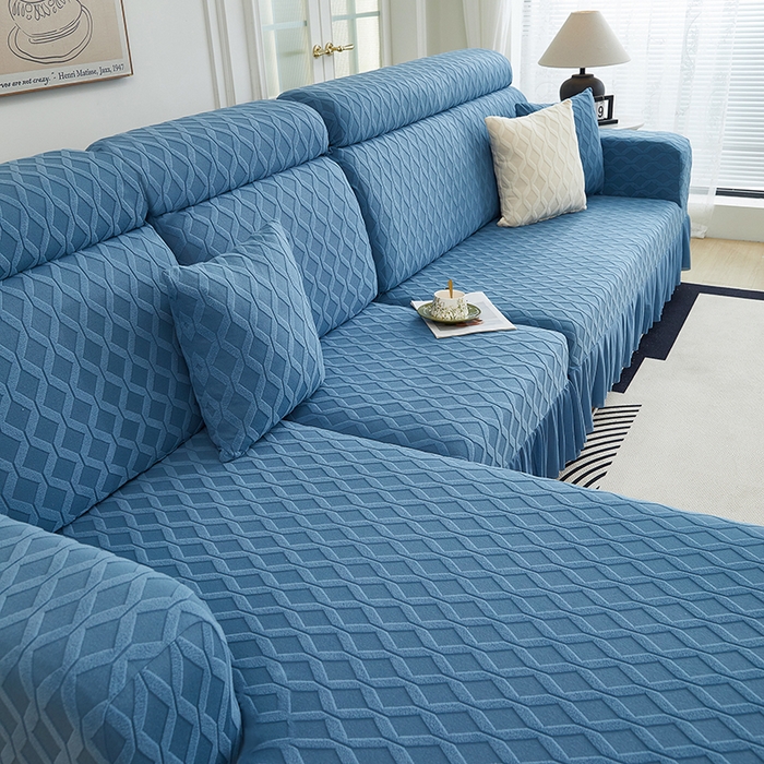 91家纺网 家纺一手货源 找家纺 2024新款加厚高弹拉花绒全包防尘沙发套罩-菱形格系列 水蓝
