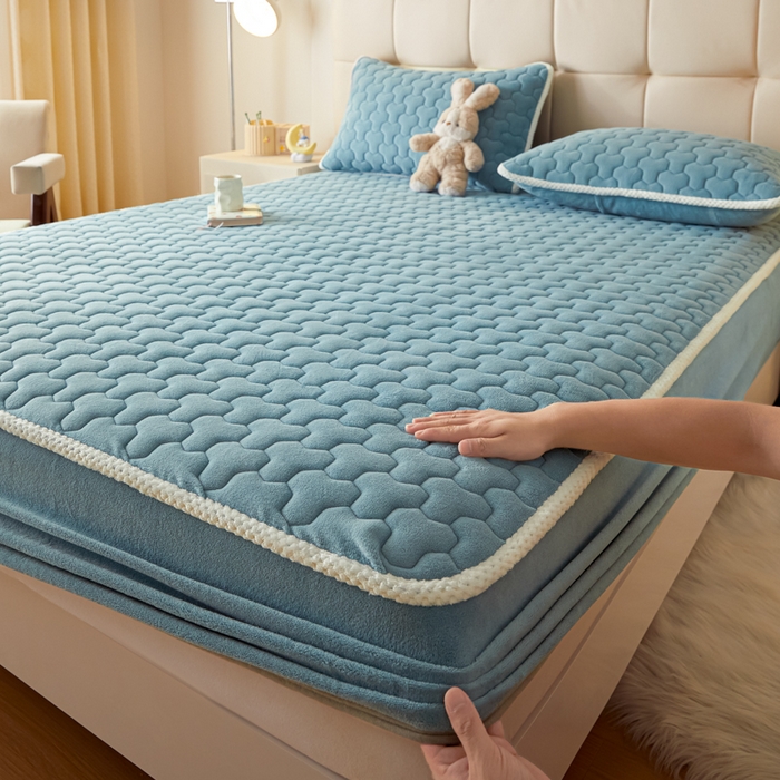 91家纺网 家纺一手货源 找家纺 雪云美 2024冬季新款加厚牛奶绒夹棉床笠三件套A类大豆床垫保护套纯色 牛奶绒-- 兰灰