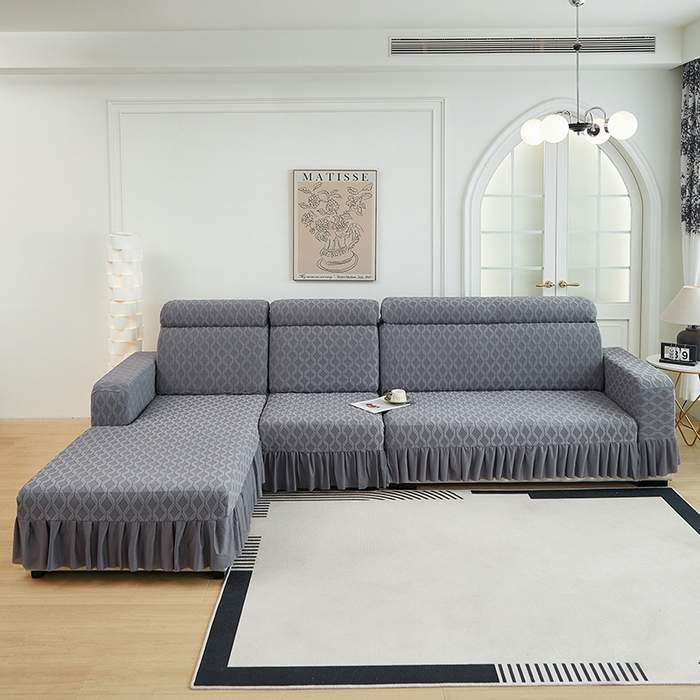 91家纺网 家纺一手货源 找家纺 2024新款加厚高弹拉花绒全包防尘沙发套罩-菱形格系列 深灰