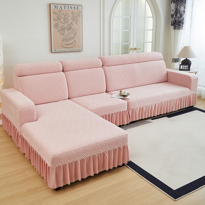 91家纺网 家纺一手货源 找家纺 2024新款加厚高弹拉花绒全包防尘沙发套罩-清韵系列 藕粉