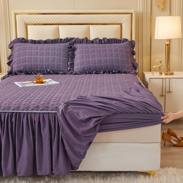 91家纺网 家纺一手货源 找家纺 锦逸家居 2024新款可拆卸包边夹棉磨毛花边两用床裙床笠两用-优雅 优雅-梦幻紫