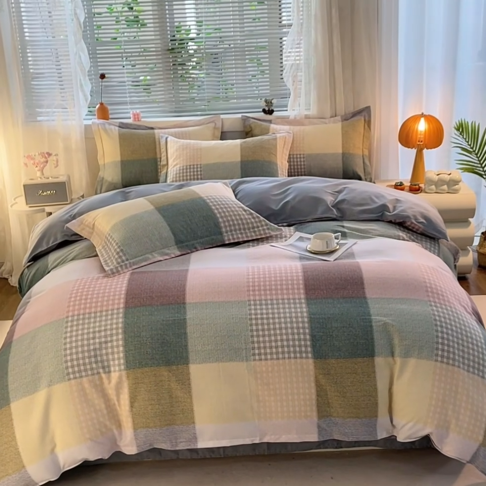 91家纺网 家纺一手货源 找家纺 牧笛缘家纺 2024新款全棉磨毛单被套 方格恋曲