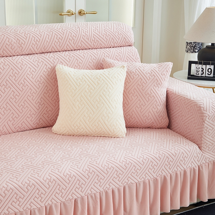 91家纺网 家纺一手货源 找家纺 2024新款加厚高弹拉花绒全包防尘沙发套罩-清韵系列 藕粉