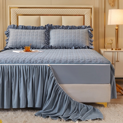 锦逸家居 2024新款可拆卸包边夹棉磨毛花边两用床裙床笠两用-优雅 优雅-蓝灰