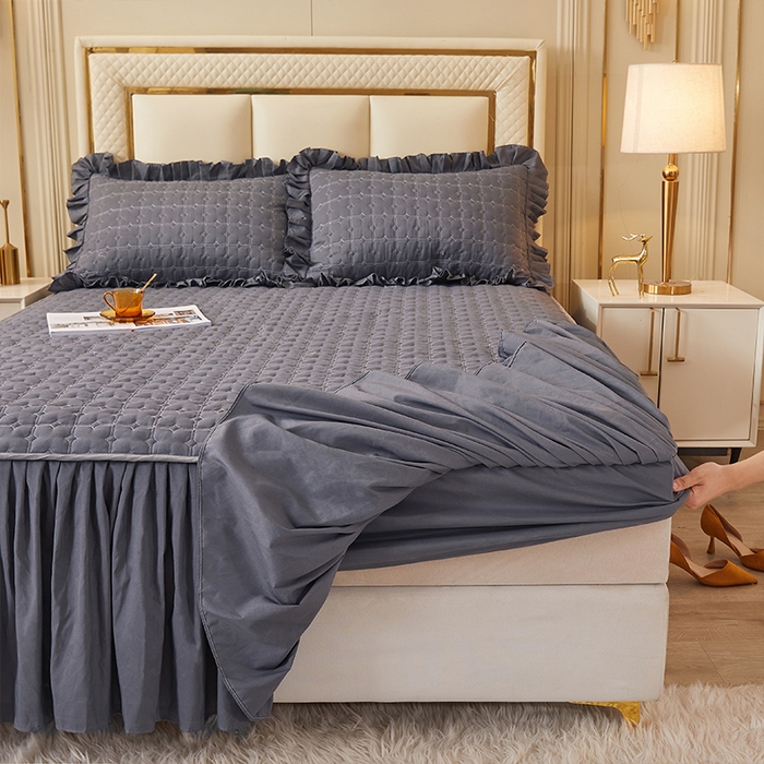 91家纺网 家纺一手货源 找家纺 锦逸家居 2024新款可拆卸包边夹棉磨毛花边两用床裙床笠两用-优雅 优雅-高级灰