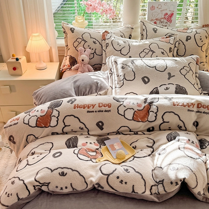 91家纺网 家纺一手货源 找家纺 妖妖家纺 2024新款加厚雪花绒印花单品三件套四件套 软萌狗狗