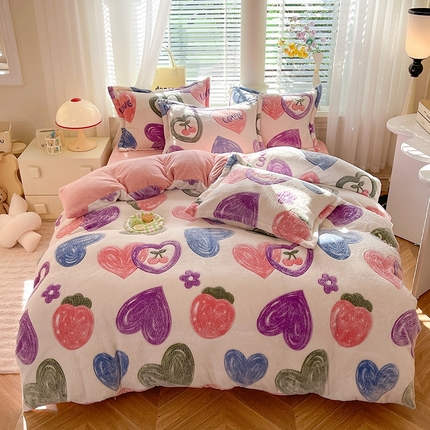 妖妖家纺 2024新款加厚雪花绒印花单品三件套四件套 爱心软糖