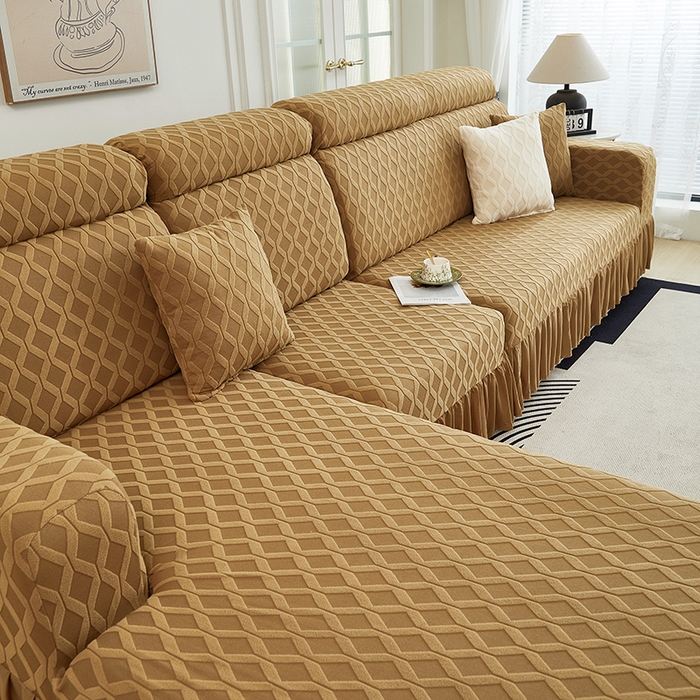 91家纺网 家纺一手货源 找家纺 2024新款加厚高弹拉花绒全包防尘沙发套罩-菱形格系列 咖色