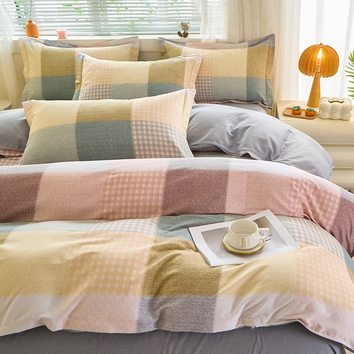 91家纺网 家纺一手货源 找家纺 牧笛缘家纺 2024新款全棉磨毛单被套 方格恋曲