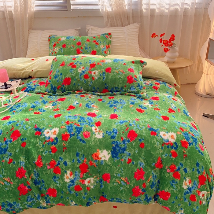 91家纺网 家纺一手货源 找家纺 莱豫家纺 2024新款牛奶绒印花四件套 绿野仙踪绿